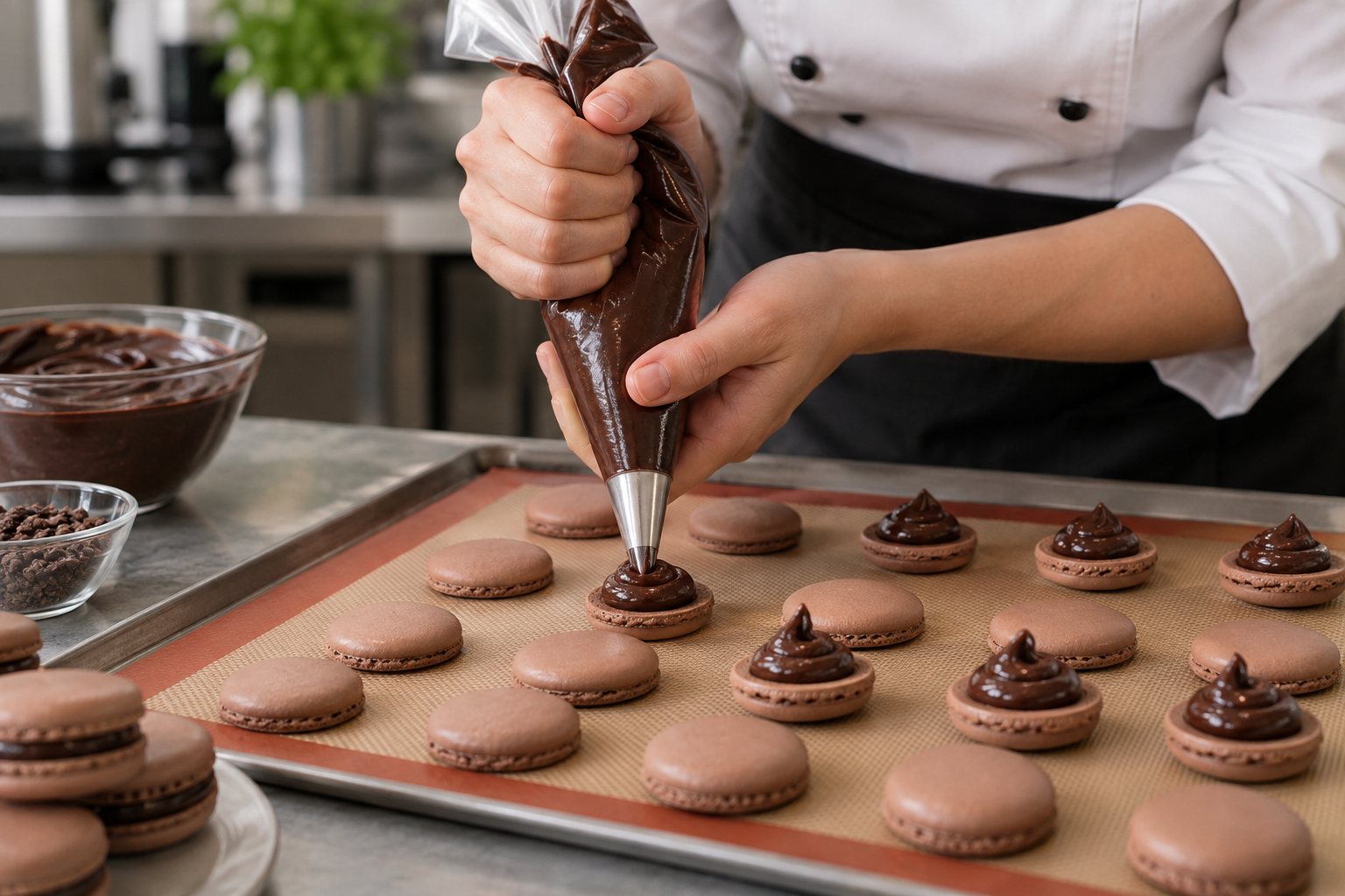 Hands-on macaron preparation at a pastry bench