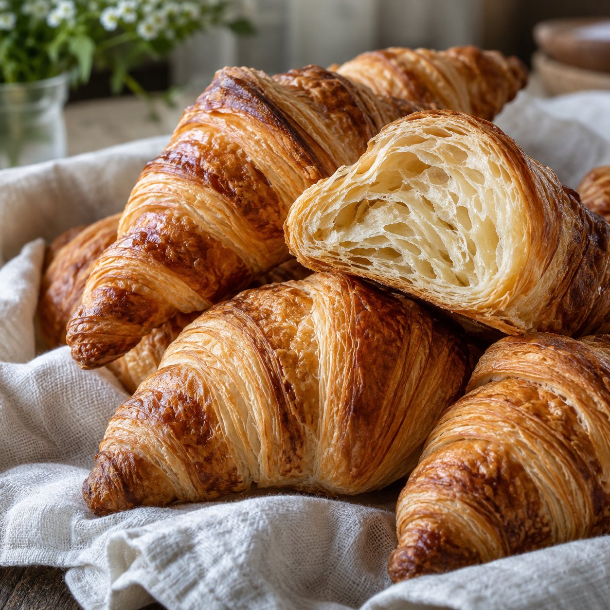 Golden croissants showing their flaky layers